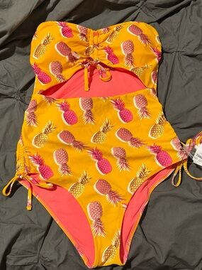 aerie Yellow Pineapple Print One-Piece Swimsuit with Pink Accents